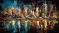 city embankment at night with skyscrapers illuminated over a river with reflections.