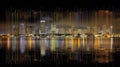 city embankment at night with skyscrapers illuminated over a river with reflections.