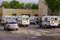 City emergency hospital in Rostov-on-Don, clusters of ambulances with patients on coronavirus