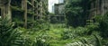 City after end of world, abandoned buildings overgrown with grass and green plants. Theme of post apocalypse, war, apocalyptic