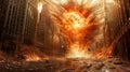 A city engulfed by a catastrophic explosion in a dramatic urban landscape Royalty Free Stock Photo