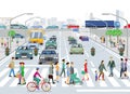 City with families and pedestrians, cars, traffic