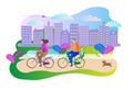 City family concept outdoors park scene with couple enjoying active leisure while driving on bicycles. Vector illustration. Royalty Free Stock Photo