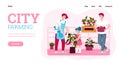 City farming website with family growing plants, cartoon vector illustration.