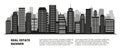 Real estate banner with urban cityscape, black buildings and gray silhouettes on transparent background