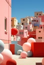 A city filled with lots of pink and white balloons. Generative AI image.