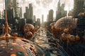 A city filled with lots of shiny spheres. Generative AI image.