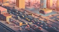 A city filled with lots of traffic next to tall buildings. Generative AI image.