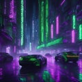 a city filled with neons on a rainy day in a futuristic cyber sci world