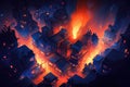City in fire, destroyed burning houses and buildings