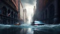 City Flood illustration. Lot of water on the streets with cars. Natural disaster. Tsunami aftermath.