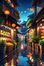 A city flower shop potted plants and flowers in a rainy night, hanging lampion, water reflection, digital painting, city street