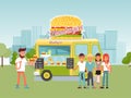 City food truck vector illustration, street truck or van selling various burger menu, people buying hamburger in park