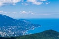 City at the foot of the mountains by the sea, top view, in Yalta Crimea