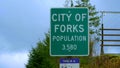 City of Forks City limit sign - FORKS, WASHINGTON - APRIL 13, 2017 - travel photography