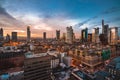 Frankfurt am Main from above, cityscape with the skyline in the evening. Illuminated streets and buildings at night Royalty Free Stock Photo