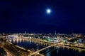 Frankfurt am Main from above, cityscape with the skyline in the evening. Illuminated streets and buildings at night Royalty Free Stock Photo