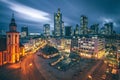 Frankfurt am Main from above, cityscape with the skyline in the evening. Illuminated streets and buildings at night Royalty Free Stock Photo