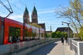 City of Freiburg, April 17, 2022, Germany - Herz-Jesu-Kirche in Freiburg im Breisgau, Black Forest with tram