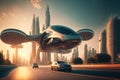 City of the future concept with flying aircraft and cars. Generative AI