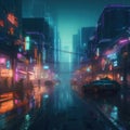 City of the future at night, neon colors. AI generative Royalty Free Stock Photo