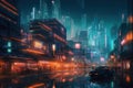 City of the future at night in the rain, neon colors. AI generative Royalty Free Stock Photo