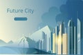 City of the future skyscrapers at dawn. City on the background of mountains with wind generators. Royalty Free Stock Photo