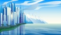 City of the future skyscrapers at dawn. City on the background of mountains with wind generators. Royalty Free Stock Photo