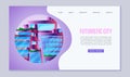 City of future web vector template. Amazing alien-look neon city scape with floating town, skyscrapers. Illustration of
