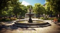 City garden with a fountain: a park with a fountain and vacation benches