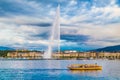 City of Geneva with famous Jet d'Eau fountain at sunset, Switzerland Royalty Free Stock Photo