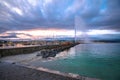City of Geneva Lac Leman waterfront and Jet d Eau fountain sunset view Royalty Free Stock Photo