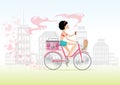 City girl in love on bike with puppy