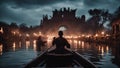 city gondola ride A scary boatman punting a boat on a river , with ruins, ghosts,