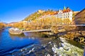 City of Graz Mur river island and Schlossberg hill view Royalty Free Stock Photo