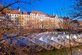 City of Graz Mur river island and Schlossberg hill view Royalty Free Stock Photo