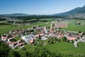 The city Gruyere in the swiss valley and hills on the background, Europe