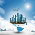 City in half earth with sun and jet Royalty Free Stock Photo