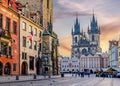 City Hall with Astronomical clock and Church of Our Lady before Tyn on Old town square at sunrise, Prague, Czech Republic Royalty Free Stock Photo