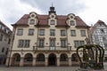 City Hall building in Sigmaringen. On the right, the fountain is decorated according to the Easter tradition