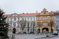 City hall with Christmas decoration, Christmas tree at Karlovo namesti town square in Roudnice nad Labem, Central Bohemia, Czech