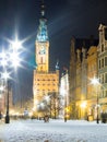 City hall old town Gdansk Poland Europe. Winter night scenery. Royalty Free Stock Photo