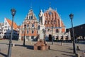 City Hall square with House of the Blackheads, Roland statue and Saint Peter church in the old town in Riga, Latvia. Royalty Free Stock Photo