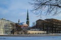 City Hall Square with House of the Blackheads and Saint Peter church in Old Town of Riga on dramatic sunrise, Latvia Royalty Free Stock Photo