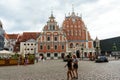 City Hall Square with House of the Blackheads and Saint Peter church in Riga Old Town, Latvia, July 24, 2018 Royalty Free Stock Photo