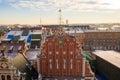 City Hall Square with House of the Blackheads and Saint Roland Statue in Old Town of Riga. Royalty Free Stock Photo