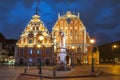 City Hall Square with House of the Blackheads and Saint Roland Statue in Old Town of Riga at night, Latvia