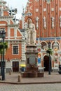 City Hall Square with House of the Blackheads and sculpture of Saint Roland and Saint Peters Church, Riga Old Town, Latvia, July