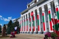 City hall of the Tiraspol, Transnistria, Moldova - the city administration building is decorated with state flags and banners to