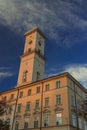 City hall tower historical center architecture building exterior facade urban landmark view in vertical picture with vivid blue Royalty Free Stock Photo